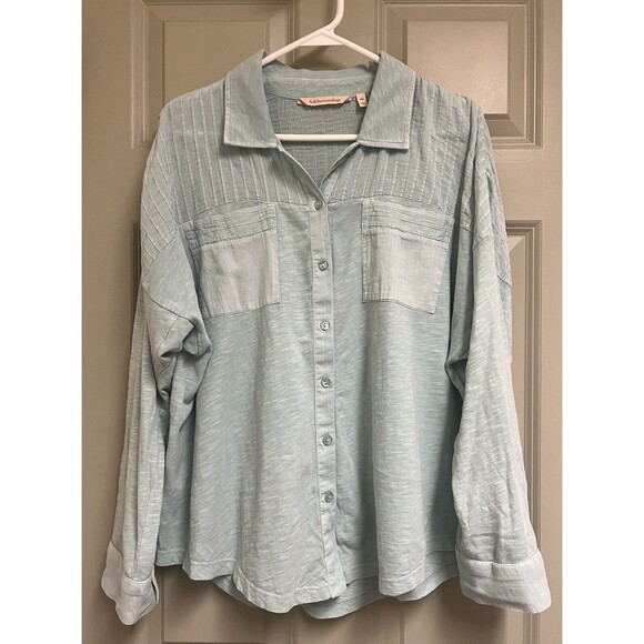 SOFT SURROUNDING Top Women PXL Mint Green Button Down Blouse Roll Cuff Pockets - Picture 1 of 8